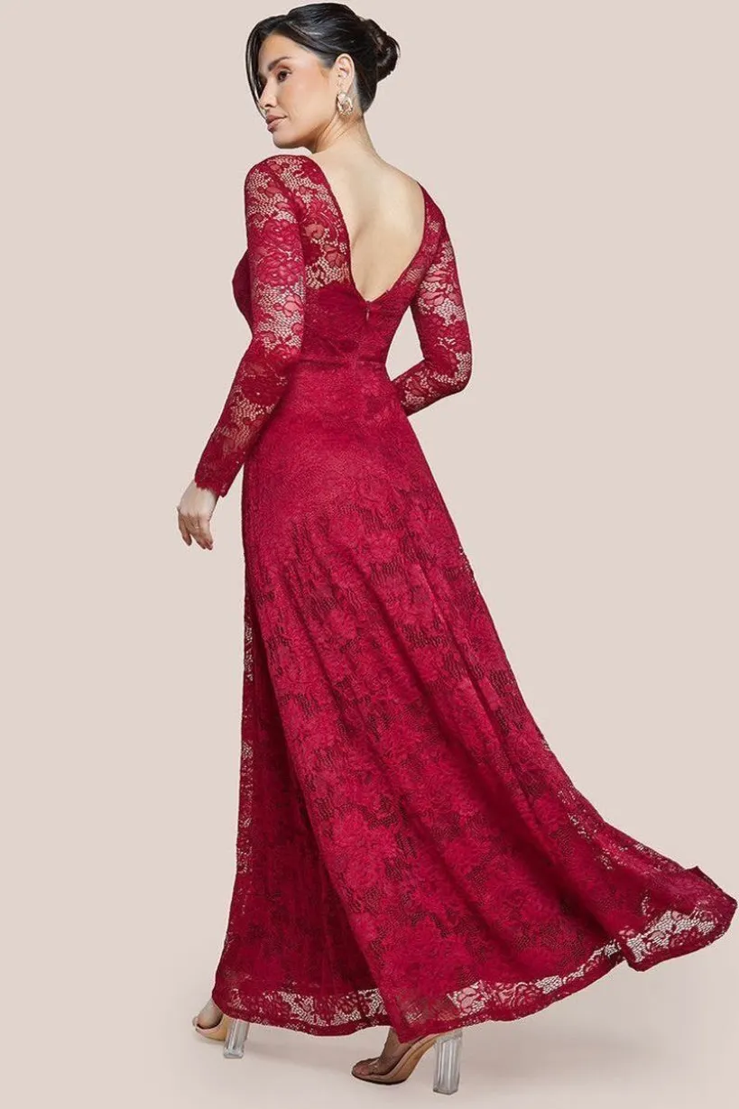Scalloped Lace A-Line Maxi Dress - Wine by Goddiva