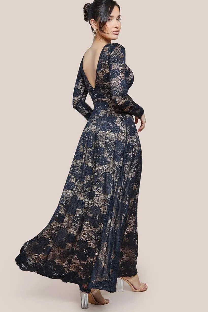 Scalloped Lace A-Line Maxi Dress - Black by Goddiva