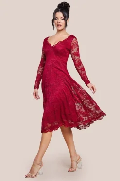 Scalloped Lace A-line Midi Dress - Wine by Goddiva