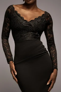 Scalloped Lace Bodice Long Sleeve Bardot Maxi Dress - Black by Goddiva
