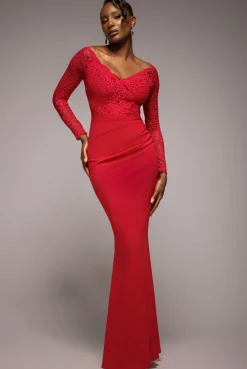 Scalloped Lace Bodice Long Sleeve Bardot Maxi Dress - Red by Goddiva