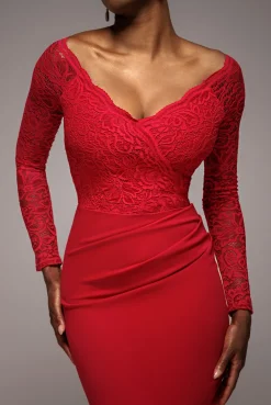Scalloped Lace Bodice Long Sleeve Bardot Maxi Dress - Red by Goddiva