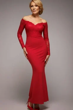 Scalloped Lace Bodice Long Sleeve Bardot Maxi Dress - Red by Goddiva