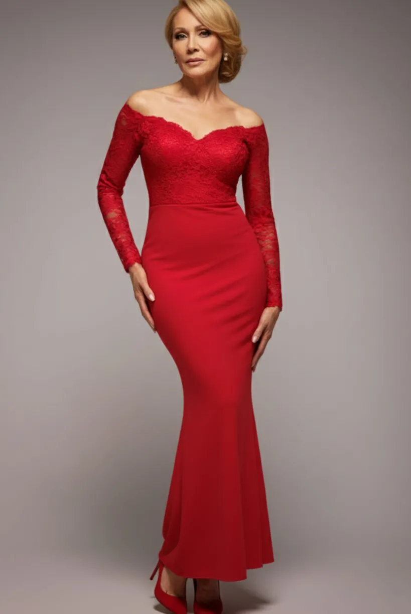 Scalloped Lace Bodice Long Sleeve Bardot Maxi Dress - Red by Goddiva
