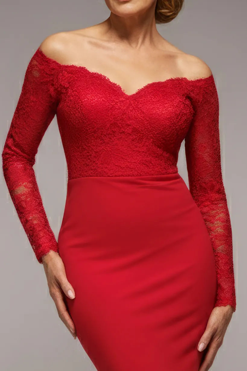 Scalloped Lace Bodice Long Sleeve Bardot Maxi Dress - Red by Goddiva