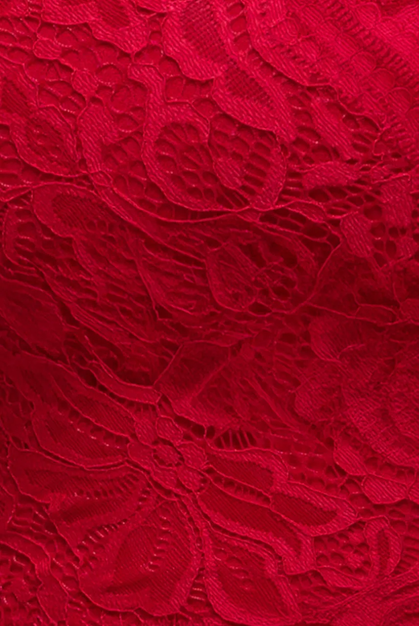 Scalloped Lace Bodice Long Sleeve Bardot Maxi Dress - Red by Goddiva