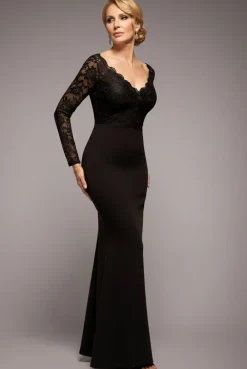 Scalloped Lace Bodice Long Sleeve Bardot Maxi Dress - Black by Goddiva