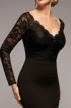 Scalloped Lace Bodice Long Sleeve Bardot Maxi Dress - Black by Goddiva