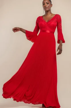 Scalloped Lace Bodice Pleated Chiffon A Line Maxi Dress - Red by Goddiva