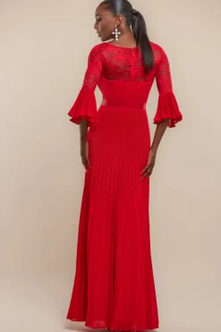 Scalloped Lace Bodice Pleated Chiffon A Line Maxi Dress - Red by Goddiva