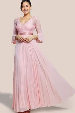 Scalloped Lace Bodice Pleated Chiffon A Line Maxi Dress - Blush Pink by Goddiva