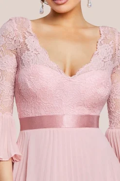 Scalloped Lace Bodice Pleated Chiffon A Line Maxi Dress - Blush Pink by Goddiva