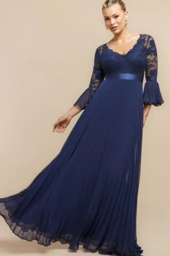 Scalloped Lace Bodice Pleated Chiffon A Line Maxi Dress - Navy Blue by Goddiva