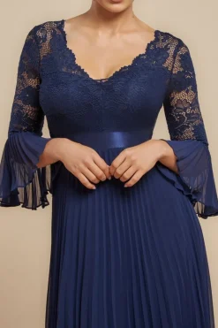 Scalloped Lace Bodice Pleated Chiffon A Line Maxi Dress - Navy Blue by Goddiva