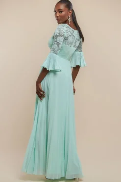 Scalloped Lace Bodice Pleated Chiffon A Line Maxi Dress - Mint Green by Goddiva