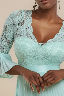 Scalloped Lace Bodice Pleated Chiffon A Line Maxi Dress - Mint Green by Goddiva