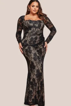 Scalloped Lace Corset Bodice Maxi Dress - Black by Goddiva Plus