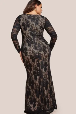 Scalloped Lace Corset Bodice Maxi Dress - Black by Goddiva Plus