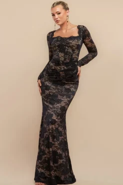 Scalloped Lace Corset Bodice Maxi Dress - Black by Goddiva