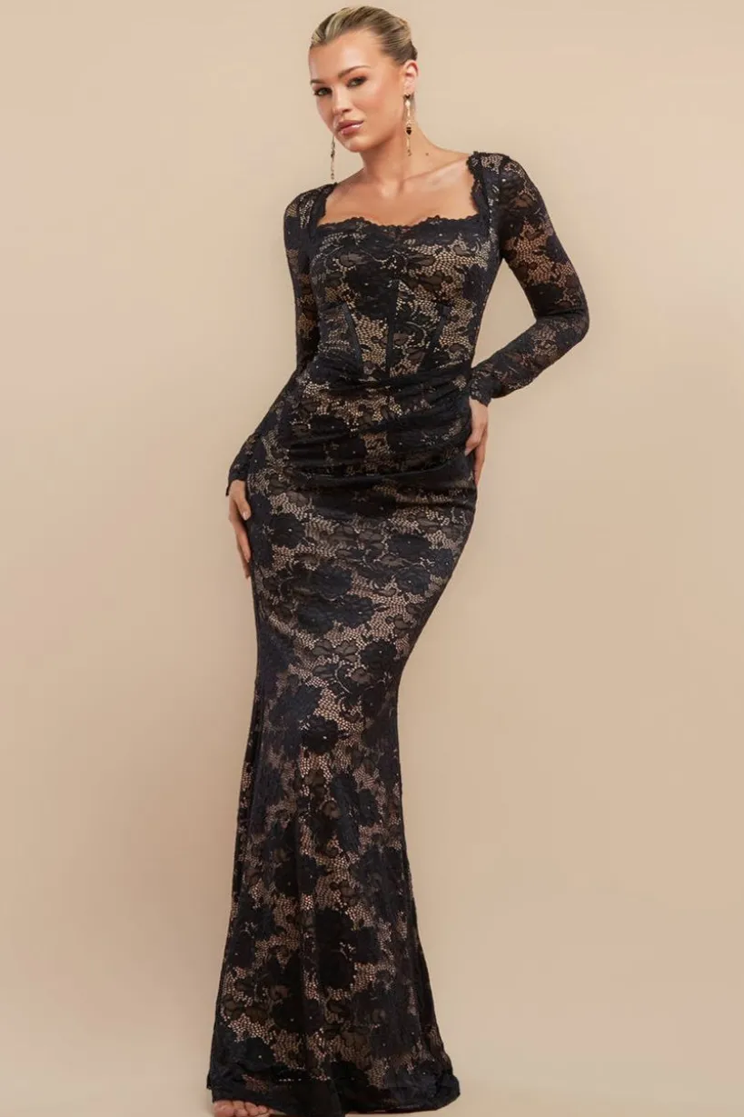 Scalloped Lace Corset Bodice Maxi Dress - Black by Goddiva