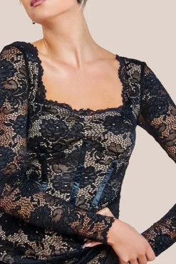 Scalloped Lace Corset Bodice Midi Dress - Black by Goddiva