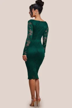 Scalloped Lace Corset Bodice Midi Dress - Emerald Green by Goddiva