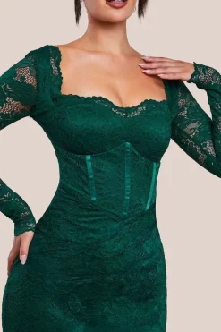 Scalloped Lace Corset Bodice Midi Dress - Emerald Green by Goddiva