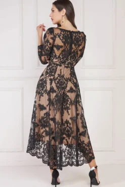 Scalloped Lace Dipped Hem Midi Dress - Black by Goddiva