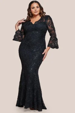 Scalloped Lace Maxi Dress - Black by Goddiva Plus