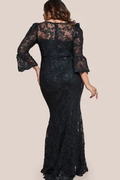 Scalloped Lace Maxi Dress - Black by Goddiva Plus
