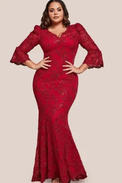 Scalloped Lace Maxi Dress - Red by Goddiva Plus