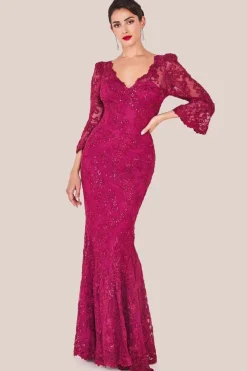 Scalloped Lace Maxi Dress - Burgundy by Goddiva