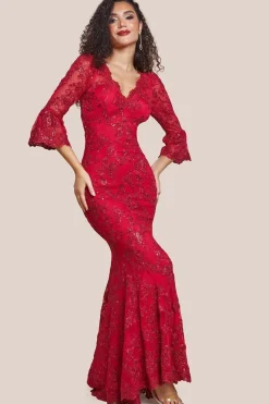 Scalloped Lace Maxi Dress - Red by Goddiva