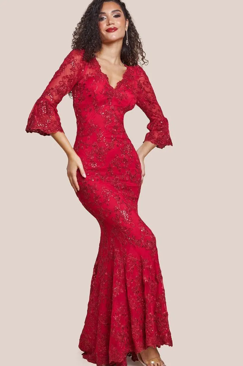 Scalloped Lace Maxi Dress - Red by Goddiva