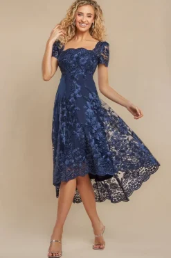 Scalloped Neck Embroidered Lace High Low Midi Dress - Navy Blue by Goddiva