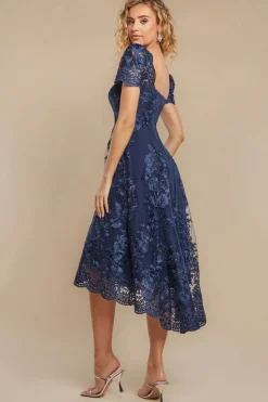 Scalloped Neck Embroidered Lace High Low Midi Dress - Navy Blue by Goddiva