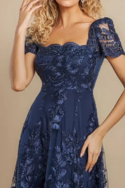 Scalloped Neck Embroidered Lace High Low Midi Dress - Navy Blue by Goddiva