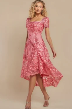Scalloped Neck Embroidered Lace High Low Midi Dress - Coral by Goddiva
