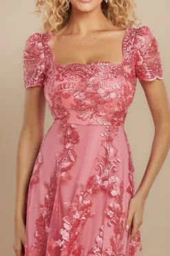 Scalloped Neck Embroidered Lace High Low Midi Dress - Coral by Goddiva