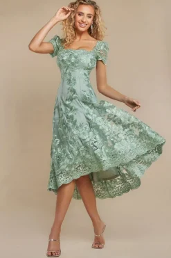 Scalloped Neck Embroidered Lace High Low Midi Dress - Sage Green by Goddiva