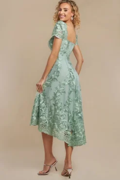 Scalloped Neck Embroidered Lace High Low Midi Dress - Sage Green by Goddiva