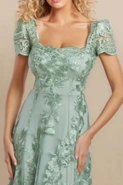 Scalloped Neck Embroidered Lace High Low Midi Dress - Sage Green by Goddiva
