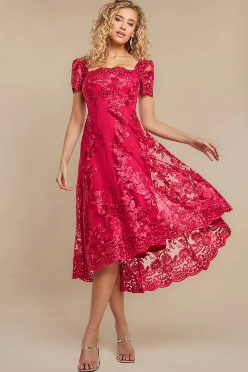 Scalloped Neck Embroidered Lace High Low Midi Dress - Magenta by Goddiva