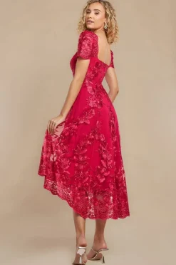 Scalloped Neck Embroidered Lace High Low Midi Dress - Magenta by Goddiva
