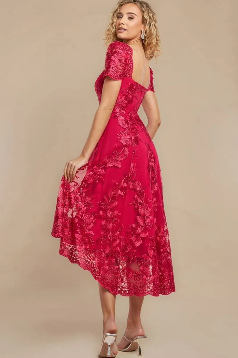 Scalloped Neck Embroidered Lace High Low Midi Dress - Magenta by Goddiva