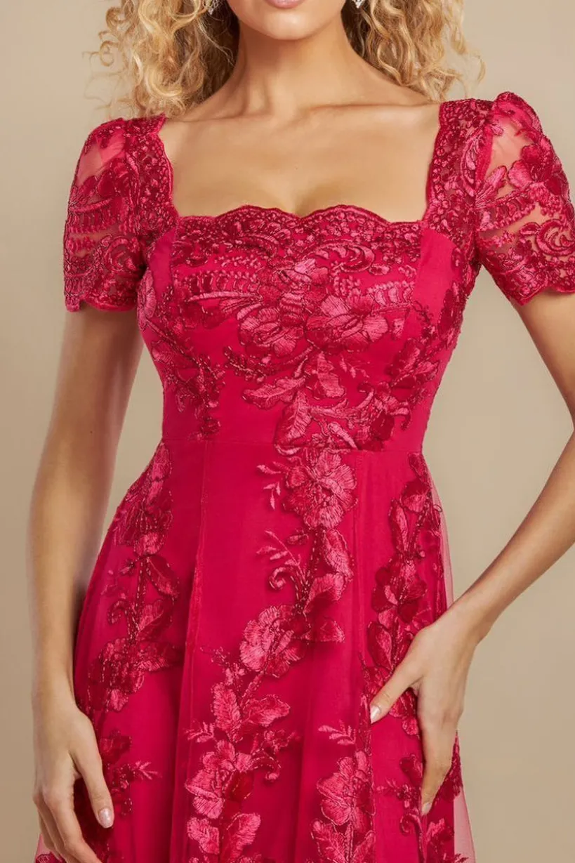 Scalloped Neck Embroidered Lace High Low Midi Dress - Magenta by Goddiva