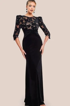 Scalloped Velvet Crochet Maxi Dress - Black by Goddiva