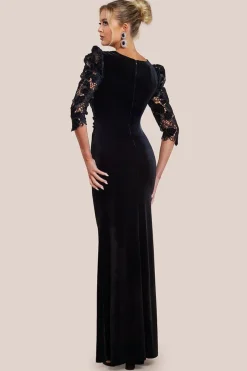 Scalloped Velvet Crochet Maxi Dress - Black by Goddiva