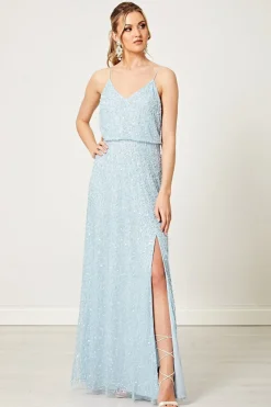 Scatter Embellished Sequin Maxi Dress In Silver Blue by Angeleye