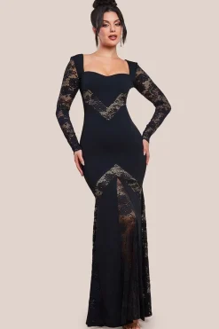 Scuba & Lace Long Sleeve Maxi Dress - Black by Goddiva